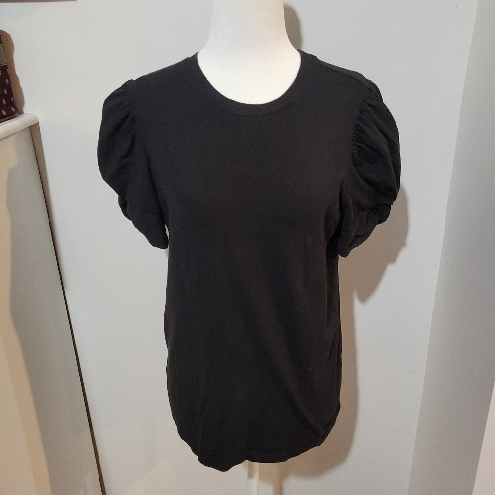 Ann Klein Solid Black Balloon Sleeve Crew Neck Workwear Goth Blouse | Med